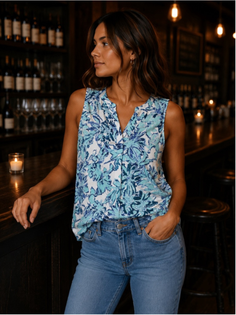 Women's Violet + Claire Floral Tank Top Size S Blue White Summer F26